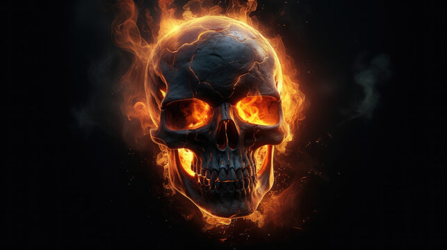 a flaming skull isolated on black background. Generative AI