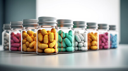 Clear Plastic Supplement Multivitamin and medication Bottles With Capsules and tablets,  Created using generative AI tools.