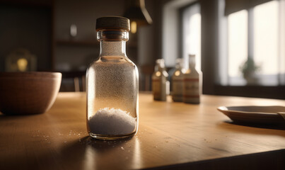 Glass jar of salt on the table. Sea salt for cooking in a jar. Generative AI.