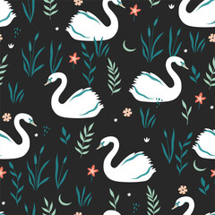 Seamless pattern with white swans and plants on a black background. Vector graphics. © Екатерина Зирина