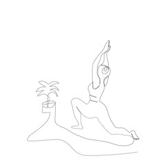 Back side view of Female yoga poses for flexibility in one continue line art drawing for yoga day, fitness, sport, workout, health. Woman Isolated image hand draw contour. Line art of girl doing Yoga.