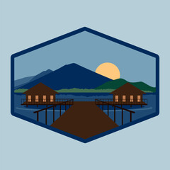 illustration of two houses in the middle of the lake for badge