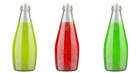Healthy eating, drinks, diet and detox concept - close up of glass bottles with different fruit or...