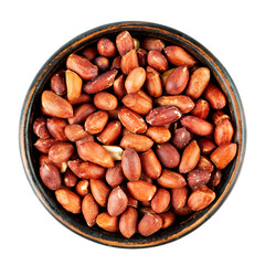 Peanuts, roasted and salted, in bowl isolated on white background. Arachis hypogaea, also called groundnut and goober, used as a snack. File contains clipping path.