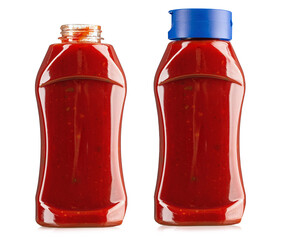 Two plastic bottles with ketchup, open and closed.