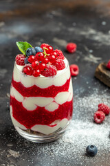 Scottish dessert whipped cream, roasted oatmeal and raspberries in jar. banner, menu, recipe place for text, top view