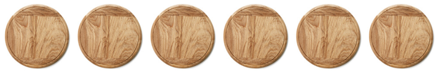 Close up round wooden kitchen board isolated on white background