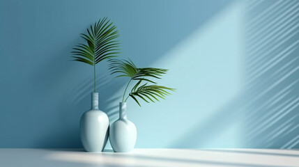 Sunlight shining into empty room. 3D rendering, bright room with blue walls. Exotic houseplants.