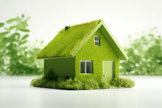 Miniature small country house with grass roof on natural leaves background with copy space. Banner template, creative concept of country eco village. Generative AI 3d render illustration