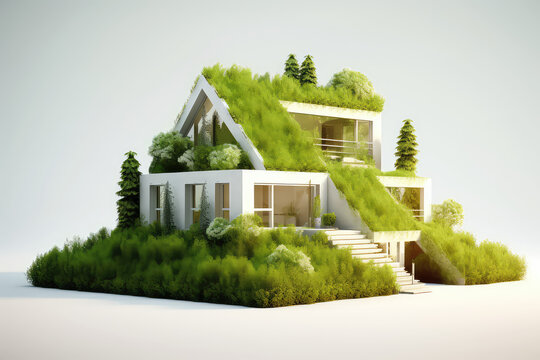 Miniature modern country house with grass roof isolated on white background with copy space. Banner template, creative concept of country eco village. Generative AI 3d render illustration