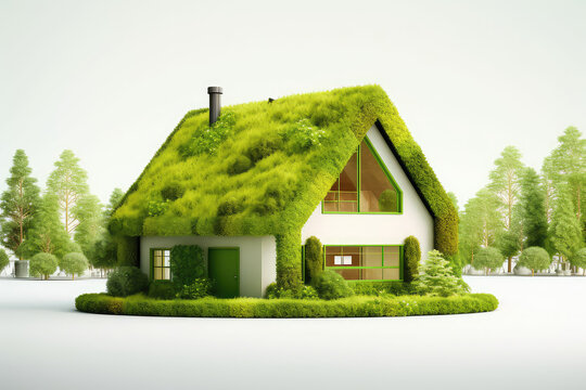 Miniature tiny country house with grass roof isolated on white background with copy space. Banner template, creative concept of country eco village. Generative AI 3d render illustration