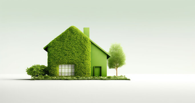 Front view small country house in green plants with grass roof isolated on white background with copy space. Banner mockup, creative idea of country eco village. Generative AI 3d render illustration