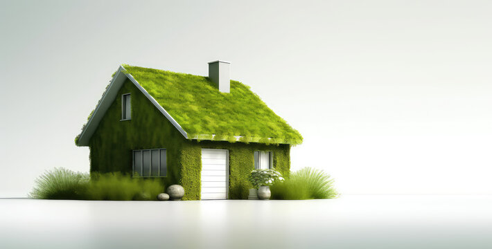Toy model of small country house in green plants with grass roof isolated on white background with copy space. Banner mockup, creative idea of country eco village. Generative AI 3d render illustration