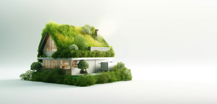 Toy model small country house in green plants with grass roof isolated on white background with copy space. Banner template, creative concept of country eco village. Generative AI 3d render