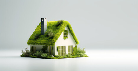 Toy model of little country house in green plants with grass roof isolated on white background with copy space. Banner template, creative concept of country eco village. Generative AI 3d render