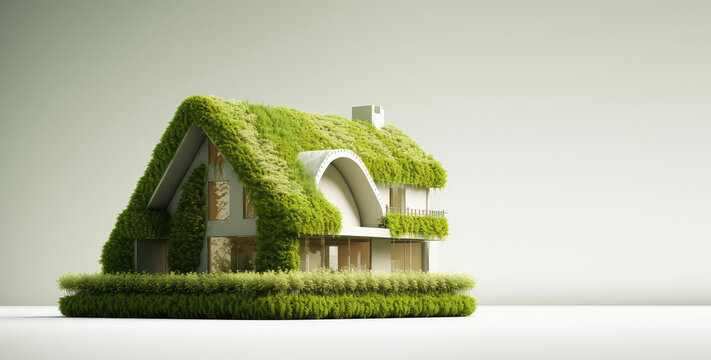 Toy model of fairy country house in green plants with grass roof isolated on white background with copy space. Banner template, creative concept of country eco village. Generative AI 3d render