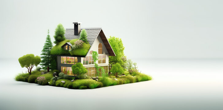 Toy model of small country house in green plants with grass roof isolated on white background with copy space. Banner template, creative concept of country eco village. Generative AI 3d render