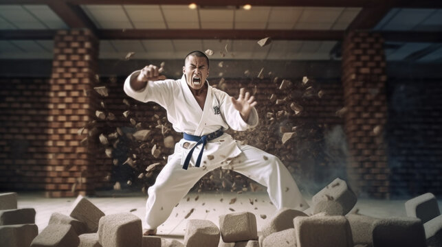 Karateka crushing a bricks with the fist created with generative AI technology