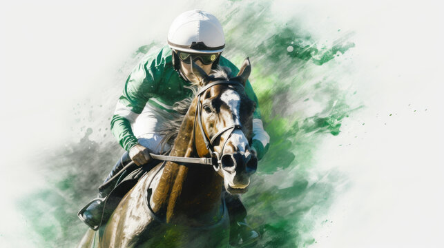 Abstract Racing horses with jockeys in water color style created with generative AI technology