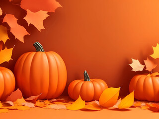 autumn background with pumpkins and fallen leaves in orange colors. AI Generation