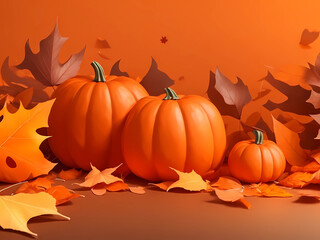 autumn background with pumpkins and fallen leaves in orange colors. AI Generation