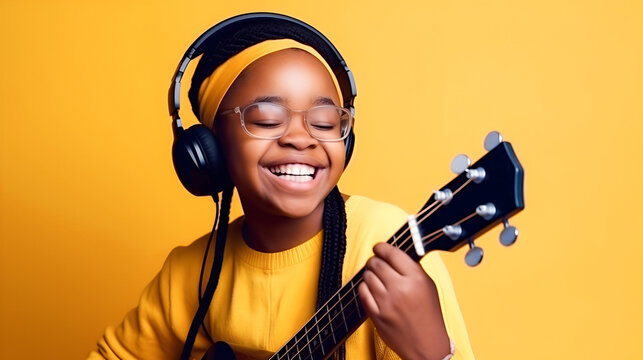 African American girl playing guitar in headphones laughs at the camera on a studio on a yellow background with copy space. Generative AI.