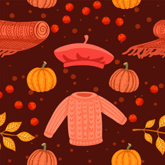 Autumn theme seamless pattern with sweater pumpkin hat and leaves vector illustration