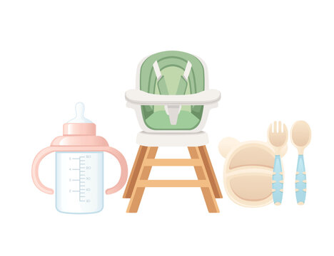 Set of items for baby care baby chair milk bottle and cutlery vector illustration isolated on white background