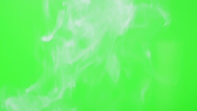 Abstract smoke on green chroma key background. Smoking cigarettes or marijuana weed, steam clouds close-up. High quality studio shot for social projects, fire, barbecue. 