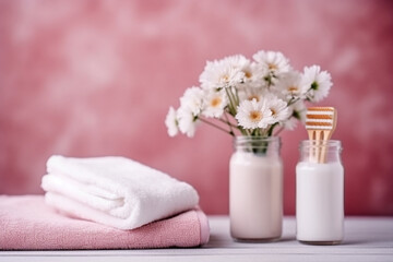 Fototapeta na wymiar Toothbrush, toothpaste and white towels, pink flowers with copy space. Aromatherapy and Oral care, body hygiene and morning daily routines
