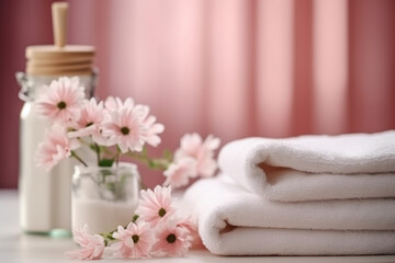 Fototapeta na wymiar Toothbrush, toothpaste and white towels, pink flowers with copy space. Aromatherapy and Oral care, body hygiene and morning daily routines
