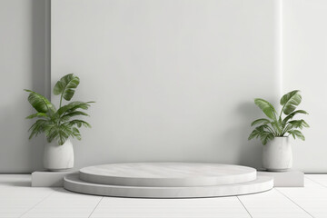 3d gray stage background product display podium stage with leaf platform. gray background vector 3d render with podium. stand to display cosmetic product. 3d Stage showcase on display white background