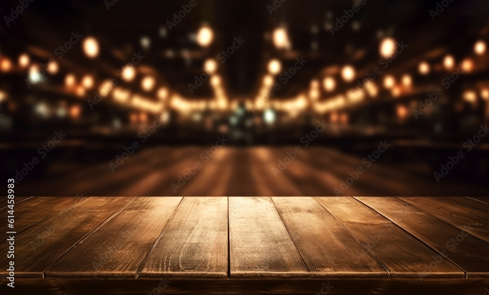 Aufkleber empty wooden table and blurred background of hall of stage bar or cafe with bokeh lights. high quali