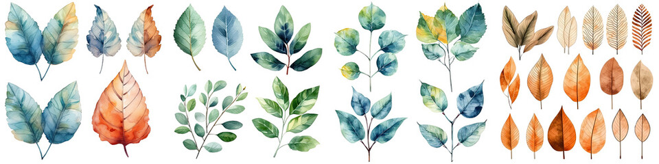 Watercolor leaves and branches, fall leaves illustration transparent background, PNG ,Generative AI
