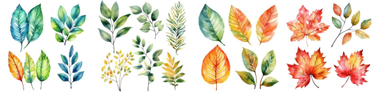 Watercolor leaves and branches, fall leaves illustration transparent background, PNG ,Generative AI