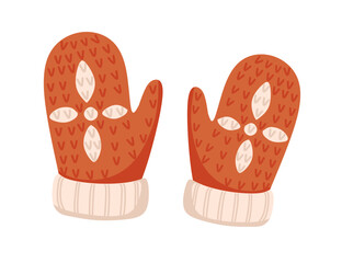 Warm textile pair of winter gloves brown color vector illustration on white background