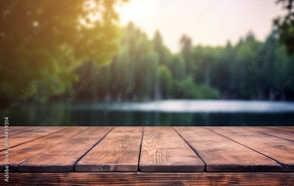 Poster wooden table in front of blurred lake summer forest nature background. ready for product display mon