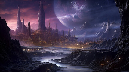 Futuristic natural landscape with space view, Generative Ai