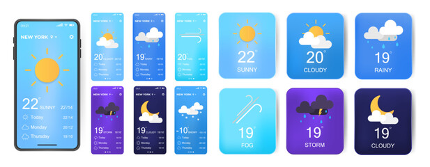 Mobile weather app interface design. GUI elements for weather forecast mobile app. Realistic phone. Temperature, weather condition user interface generator. Ui ux toolkit vector illustration