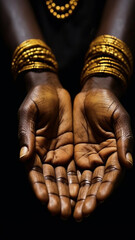 Two hand holding or offering something, isolated on black background. Open black female palms, fist gesture
