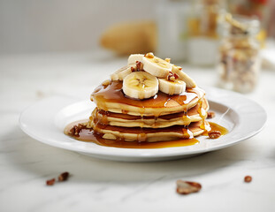 A stack of oatmeal banana pancakes with slices of fresh bananas, walnuts and honey on top with cup of tea on a white wooden background. A healthy breakfast. Copy space
