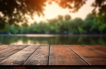 Wooden table top on blur green forest and lake or swamp. Fresh and Relax concept. For montage product display. High quality photo