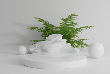 Fototapeta na wymiar white room with white podium and plant at background, 3d illustration rendering