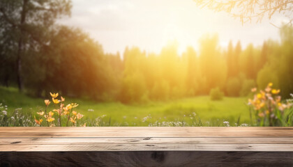 Naklejka na ściany i meble Spring mockup background, Blank wooden tabletop in front, blank space to display graphics, In the background, the rays of the setting sun illuminate blurred meadow, trees or forest, Generative AI