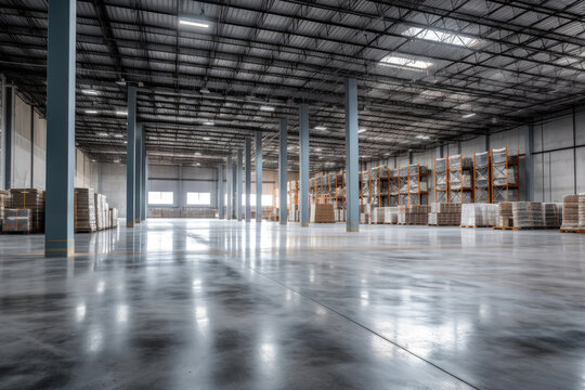 Warehouse interior with rows of shelves and pallets. Industrial background. High quality photo