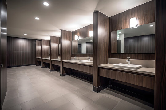 Interior of a modern bathroom public with dark wooden walls and tiled floor. High quality photo
