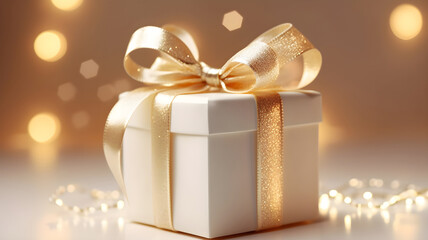 White and Gold gift box, golden ribbon, luxury gift, gold lights, bokeh, blurry background, on a white background, beautiful gift, made with Generative AI	
