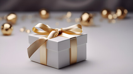 Obraz na płótnie Canvas White and Gold gift box, golden ribbon, luxury gift, gold lights, bokeh, blurry background, on a white background, beautiful gift, made with Generative AI 