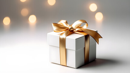 White and Gold gift box, golden ribbon, luxury gift, gold lights, bokeh, blurry background, on a white background, beautiful gift, made with Generative AI	