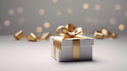 Fototapeta na wymiar White and Gold gift box, golden ribbon, luxury gift, gold lights, bokeh, blurry background, on a white background, beautiful gift, made with Generative AI 